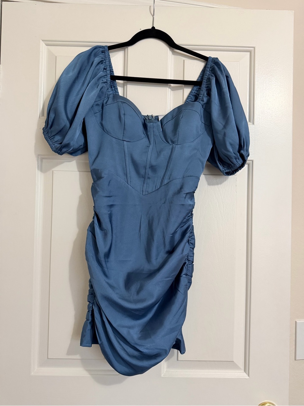 ASOS Dusty Blue Puff-Sleeve Ruched Mini Dress